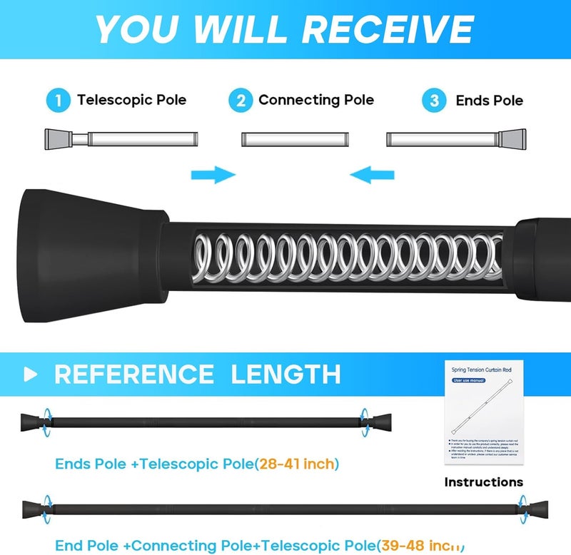 ZipGlo Tension Curtain Rod for Windows 28 to 48 Inch, Spring Loaded Curtain Rods Black Tension Rod No Drilling Small Shower Rod No Slip Spring Rods Adjustable Spring Curtain Rod - Image 2